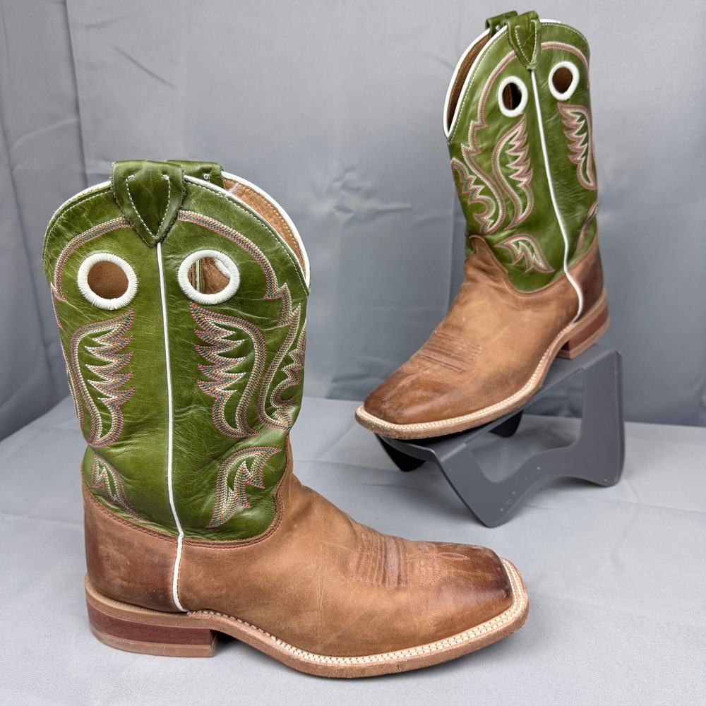 Justin Bent Rail Mens 10 D Green Tan Leather Square Toe Cowboy Boots BR307 USA